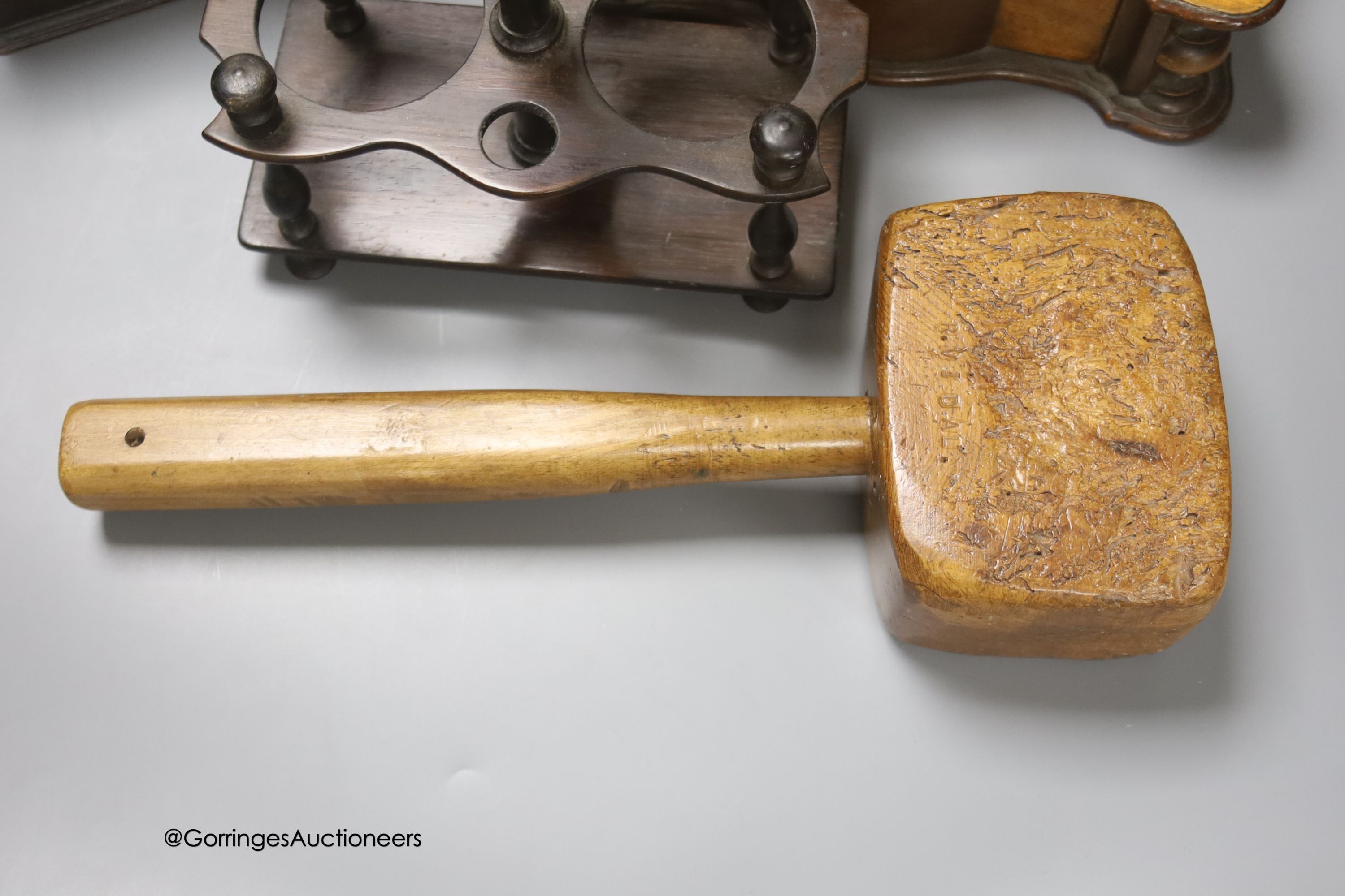 A mid 18th century mahogany tea caddy, 24cm, a rosewood cruet stand, one other box and a mallet with elm head